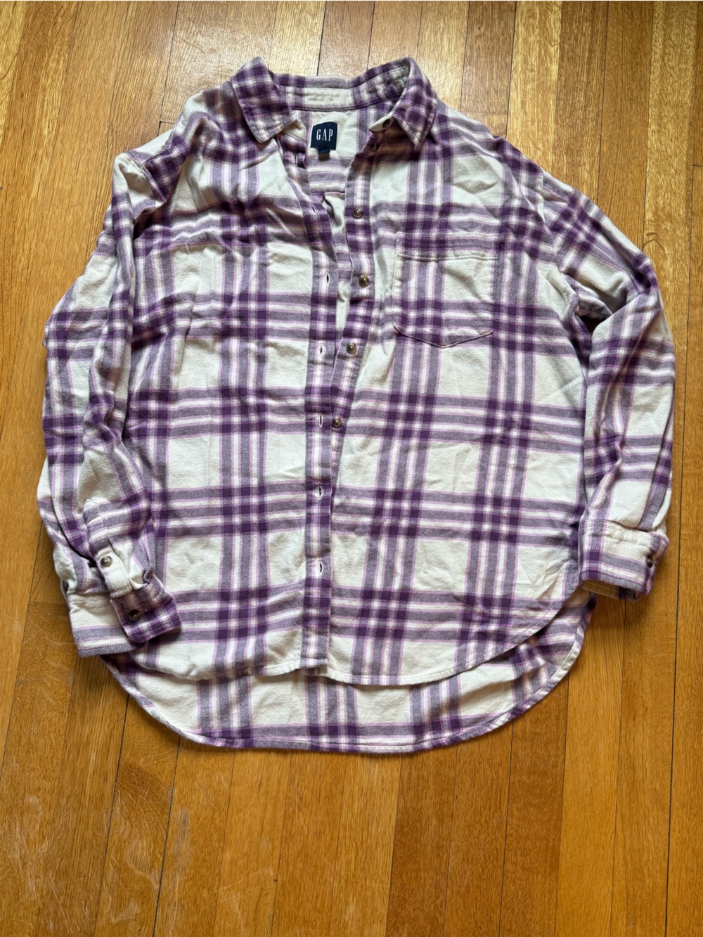 GAP Cream and Lavender Plaid Button-Down Shirt